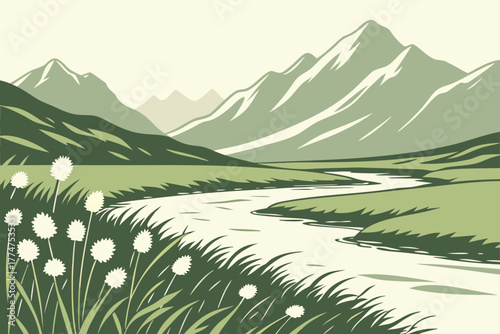 Cotton grass swaying near river delta in northern Alaska