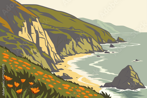 Coastal cliffs and wildflowers overlooking the Pacific Ocean in Big Sur, California.