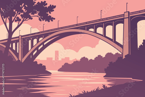 Bridge across calm river under pink dusk sky in Minneapolis Minnesota