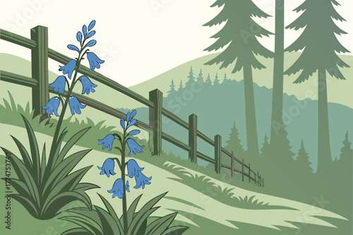 Bluebell flowers beside wooden fence in Whistler British Columbia