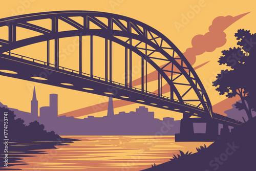 Arched steel bridge across river at sunset in Pittsburgh, Pennsylvania.