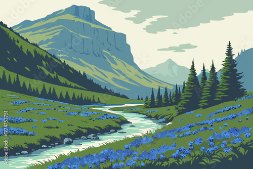 Bluebell meadow near mountain stream in Glacier National Park Montana