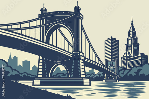 Arched bridge with city lights reflected in water in Cincinnati, Ohio.