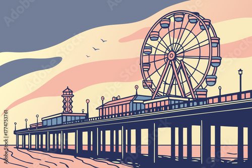 Amusement pier and ferris wheel by the ocean in Atlantic City, New Jersey.