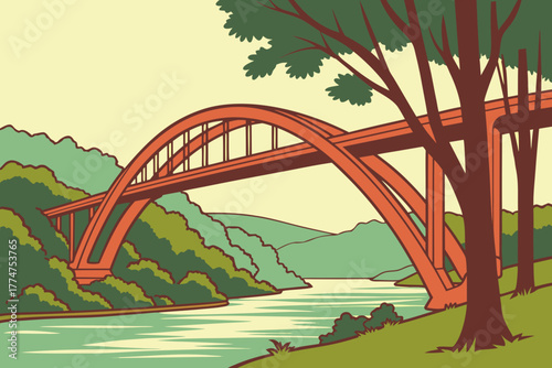 Arched red bridge spanning blue waters near Fayetteville, Arkansas.