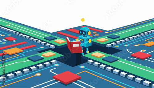 Artificial Intelligence Robot Reading Book on a Microchip Circuit Board. Concept of Machine Learning, Digital Education, and AI Development.