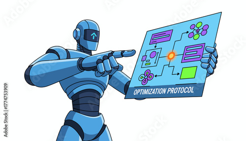 AI Robot Explaining Optimization Protocol on a Digital Interface