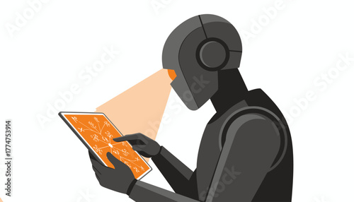 Artificial Intelligence Robot Analyzing Complex Data on Digital Tablet
