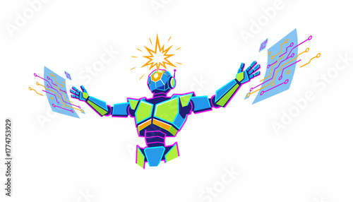 Neon Robot Vector Illustration: AI and Machine Learning Power, Data Processing, and Digital Circuit Presentation