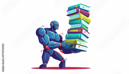 Artificial Intelligence Robot Carrying a Heavy Stack of Knowledge Books: AI Learning, Data Processing, and Education Concept Vector Illustration.