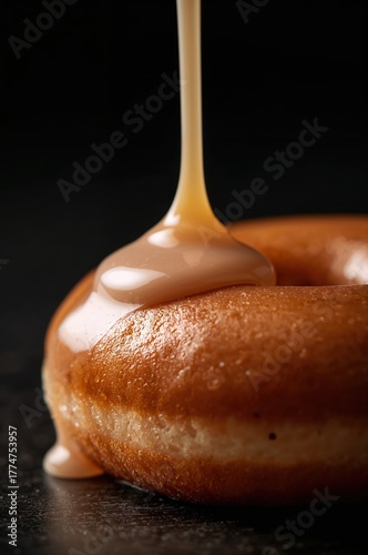 Golden cinnamon glaze drips luxuriously over warm donut in cinematic macro composition