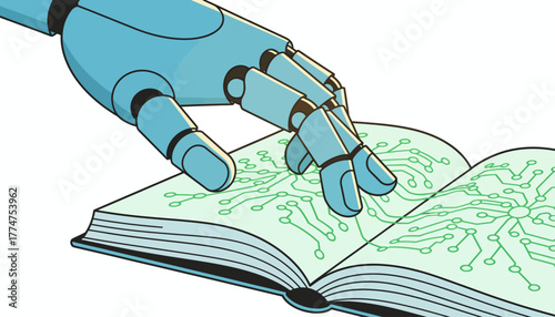 Robotic Hand Learning from a Knowledge Book Illustrated with Digital Circuitry: AI Education and Machine Learning Concept.