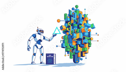 AI Robot Organizing Data Architecture: Conceptual Illustration of Machine Learning and Complex System Integration