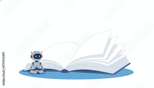 Futuristic AI Robot Studying Machine Learning, Sitting Beside a Huge Open Book Representing Knowledge and Data Acquisition
