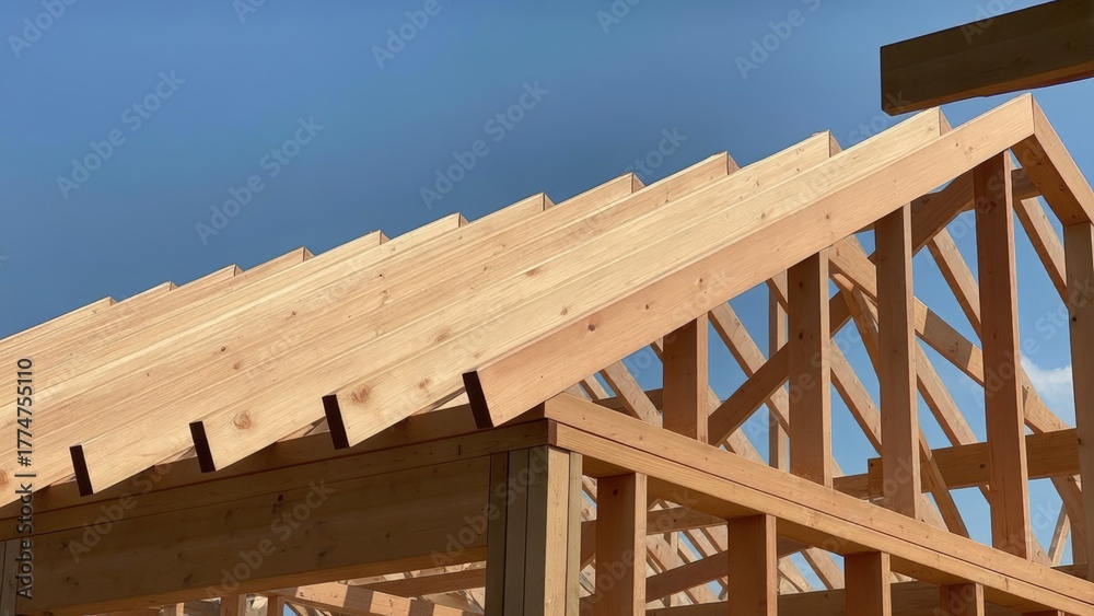 Obraz premium Wooden framework of a building under construction against a clear sky.