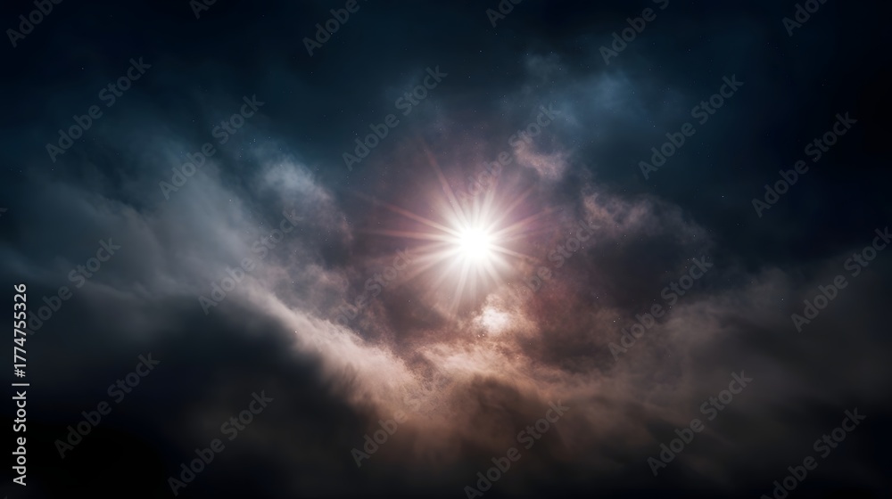 Obraz premium A bright radiant sunburst piercing dramatic dark clouds during twilight