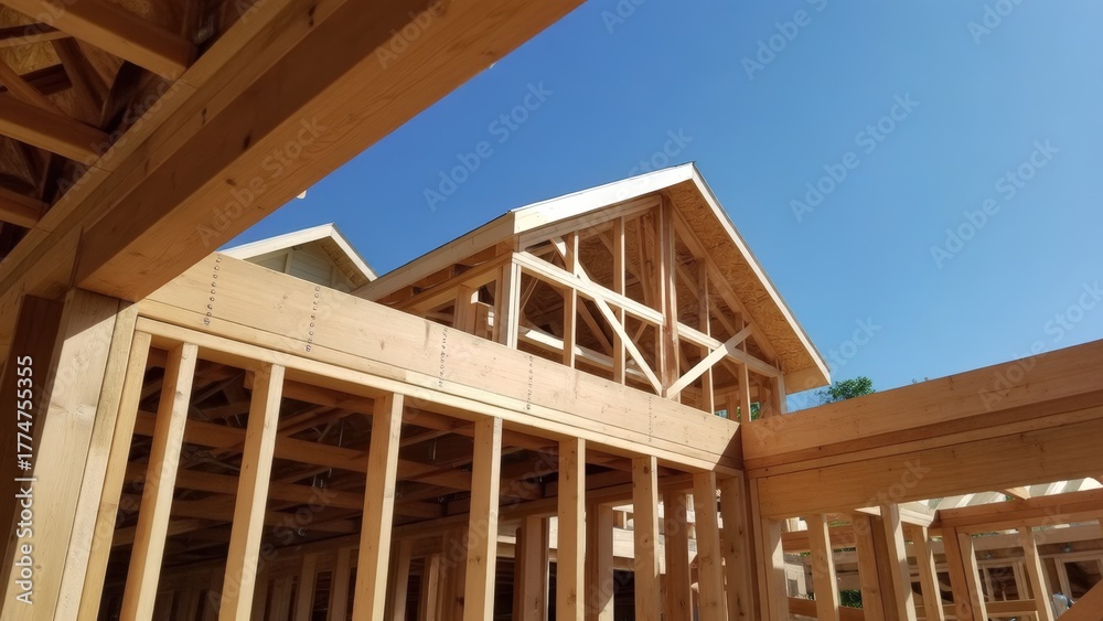 Obraz premium Modern wooden construction showcasing framed architecture against a clear blue sky.