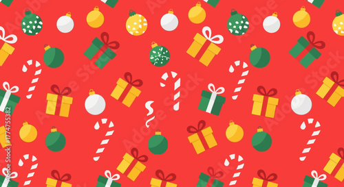 Festive Flat Christmas Ornament and Gift Seamless Pattern on Red Background