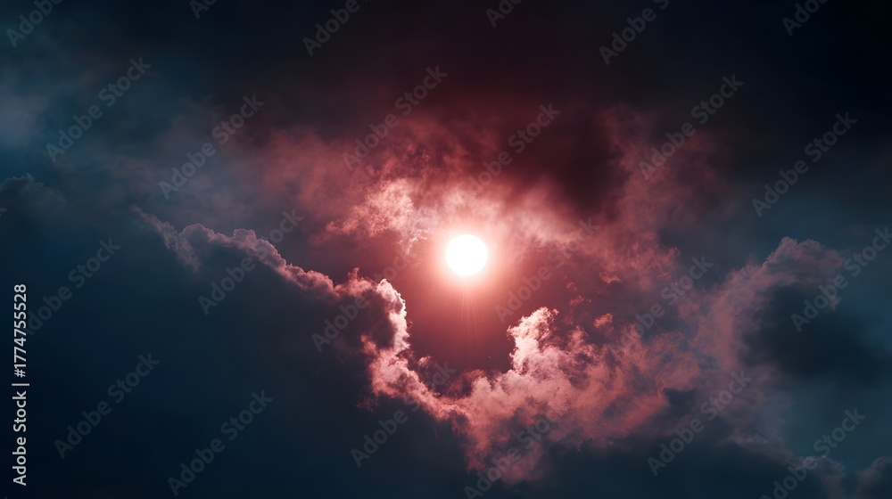 Fototapeta premium A bright radiant sun bursts through dramatic dark clouds tinged with red and pink hues creating a powerful and ethereal sky spectacle