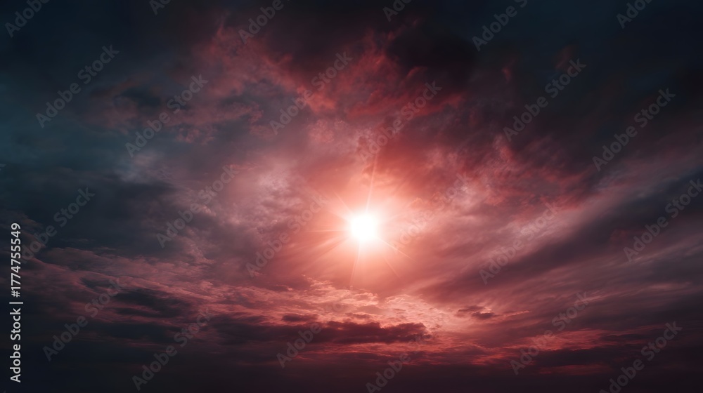 Fototapeta premium Dramatic sky with a vibrant sunburst piercing through crimson and dark clouds at sunset