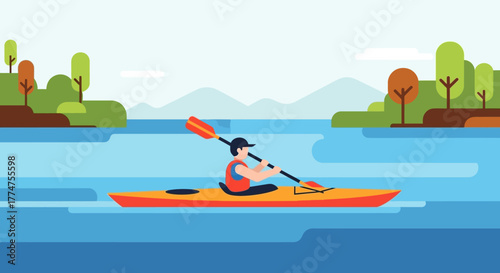 Flat Style Kayaking Adventure on a Lake with Mountain Landscape