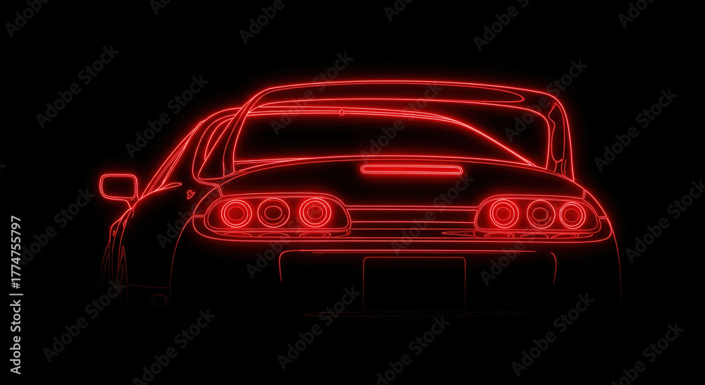 Fototapeta premium Red Neon Supra Glowing Red Neon Outline of a Legendary 90s Japanese Sports Car 
