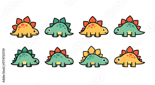 Cartoon Cute Stegosaurus Dinosaur Character with Outline Design Illustration Set