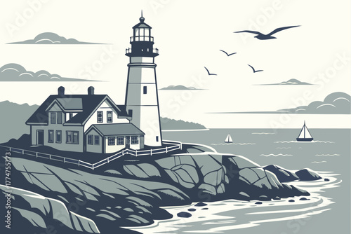 Harbor lighthouse overlooking Atlantic Ocean in Maine