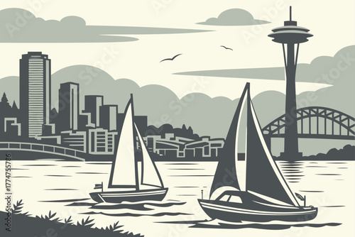 Harbor view with sailboats in Seattle Washington