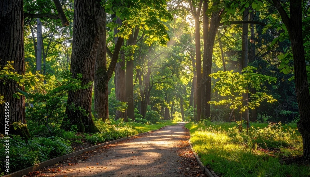 Naklejka premium Sunlight Filters Through Trees Illuminating A Forest Path With Lush Greenery And Dust Motes Dancing In The Air