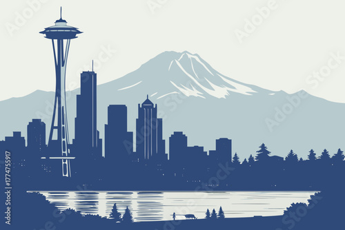 Evening reflections of Seattle skyline and Mount Rainier