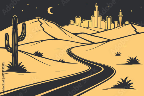 Desert road leading into Las Vegas Nevada skyline