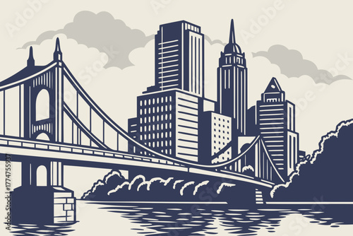 Downtown skyline over bridge in Pittsburgh Pennsylvania