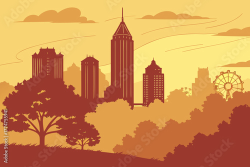 Downtown skyline under golden sky in Atlanta Georgia