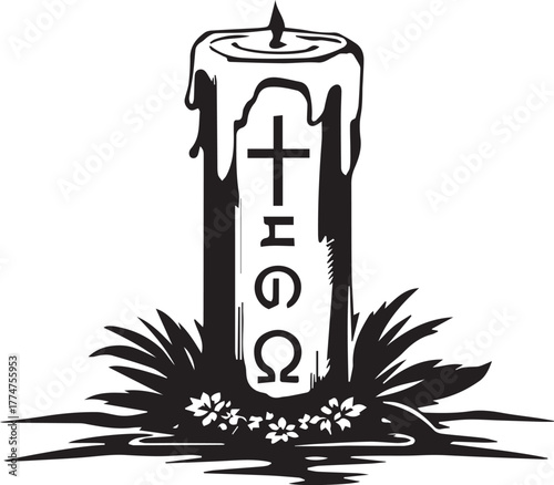 Paschal candle silhouette — black and white illustration with cross, Alpha Omega symbols, wax drips, foliage, and floral base