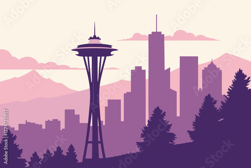Evening skyline of Seattle with purple and pink tones.