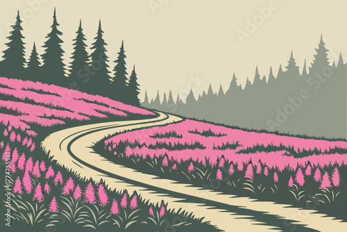 Fireweed field beside a winding dirt road leading into Alaskan wilderness