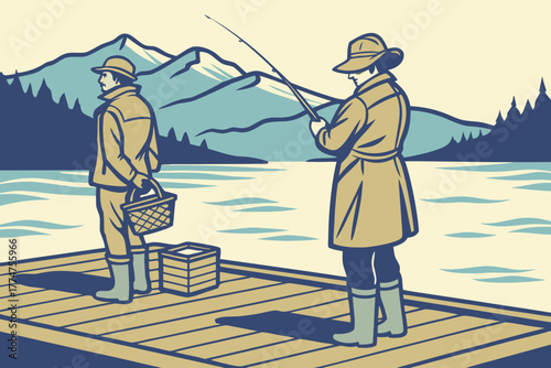 Fishermen on wooden dock at Flathead Lake, Montana.