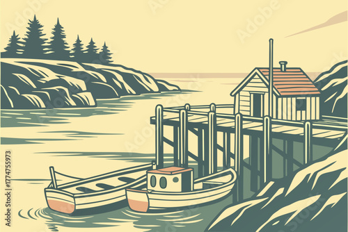 Fishing docks and wooden boats in Maine coast