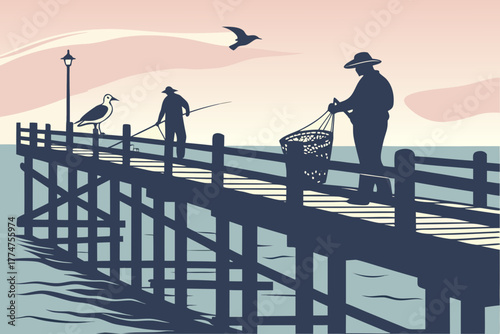 Fishermen on wooden pier at dawn in Galveston Texas