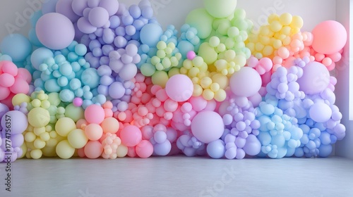 Pastel Rainbow Balloon Wall: Dreamy, Colorful, and Playful Composition.