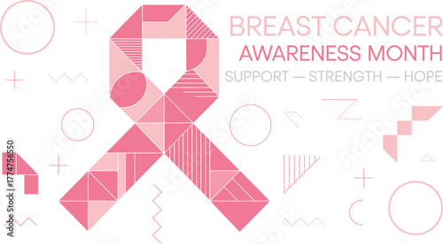 Geometric Pink Ribbon for Breast Cancer Awareness Month Support, Strength, and Hope Illustration