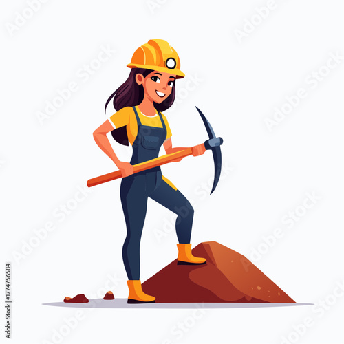 Smiling woman miner with pickaxe wearing safety helmet graphic illustration