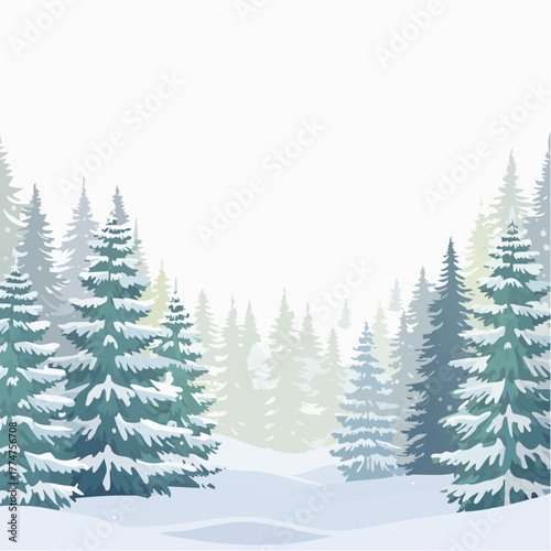 Snow covered evergreen trees in a winter landscape against a white background