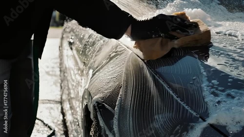 Gloved hand uses sponge and hose to wash a dark vehicle exterior, creating abundant soap suds and water spray