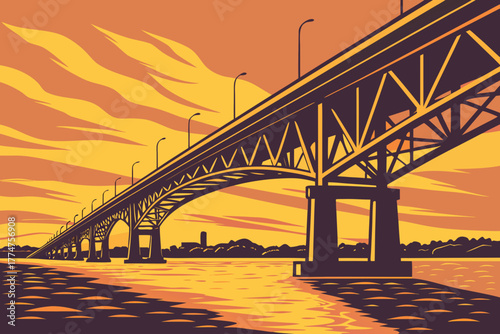 Modern bridge at sunset spanning Detroit River Michigan