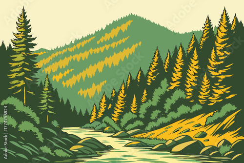 Mountain river and pine forest in Oregon Cascades