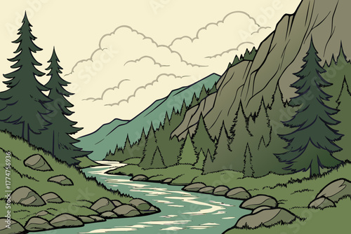 Mountain stream winding through evergreen valley in Colorado