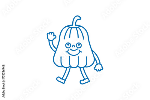 Whimsical blue outline pumpkin character cheerfully waves while walking across a crisp white background