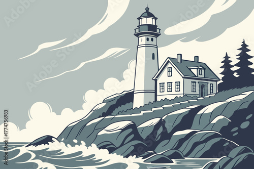 Lighthouse and rocky shore in Acadia National Park Maine